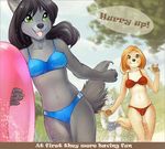  bikini black_hair black_nose blonde_hair breasts brown_eyes canine claws dog fangs female fur grass green_eyes grey_fur group hair hi_res iskra long_hair male mammal navel open_mouth outside pawpads short_hair swimsuit teeth thighs tongue tree water white_fur wolf yellow_fur 