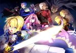  6+boys archer armor artoria_pendragon_(all) assassin_(fate/stay_night) berserker blonde_hair blue_hair caster excalibur fate/stay_night fate_(series) gae_bolg gilgamesh glowing glowing_sword glowing_weapon lancer momoayamo multiple_boys multiple_girls polearm purple_hair rider saber spear true_assassin weapon white_hair 