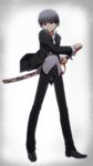  1boy belt child jacket kamiyoshi katana male male_focus megami_tensei narukami_yuu pants persona persona_4 shin_megami_tensei shirt shoes short_hair simple_background solo standing sword weapon 