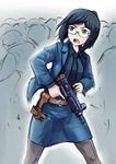  absurdres belt blue_eyes blue_hair collared_shirt drawing_gun erica_(naze1940) glasses gun highres holster imi_uzi jacket looking_away military necktie open_mouth original pantyhose semi-rimless_eyewear shirt short_hair submachine_gun trigger_discipline weapon 