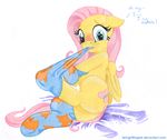  blanket blue_eyes blush cutie_mark english_text equine fangs fluttershy_(mlp) friendship_is_magic fur hair horse looking_at_viewer mammal my_little_pony open_mouth pegasus pink_hair plain_background pony signature sitting socks solo text twilightflopple undressing white_background wings yellow_fur 