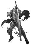  armor breastplate cape faulds full_armor full_body gauntlets greaves greyscale helmet highres horned_helmet huge_weapon kilart knight looking_at_viewer monochrome original solo standing sword weapon 