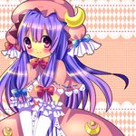  blush capelet chocolat_(momoiro_piano) coat crescent dress elbow_gloves gloves hair_ribbon hat long_hair open_clothes open_coat patchouli_knowledge pink_eyes purple_hair ribbon smile solo striped striped_dress touhou tress_ribbon very_long_hair white_gloves 