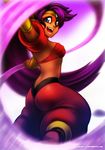  amano-g back baggy_pants bandeau blue_eyes bracer breasts butt_crack commentary dark_skin detached_sleeves forehead_jewel harem_pants long_hair motion_blur open_mouth pants purple_hair shantae_(character) shantae_(series) small_breasts smile solo tiara very_long_hair watermark web_address 