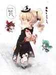  bare_shoulders bespectacled blonde_hair bow braid brown_hair chibi detached_sleeves glasses green_hair hair_bow hair_tubes hakurei_reimu hat japanese_clothes kimono kirisame_marisa kochiya_sanae looking_back mini_hat mini_top_hat multiple_girls o_o shin_(new) side_braid top_hat touhou witch_hat yellow_eyes 