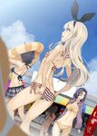  4girls ass bangs beach bikini bikini_skirt black_bikini blonde_hair blue_eyes blue_sky blurry breasts cleavage cloud commentary_request day depth_of_field dutch_angle frilled_bikini frills highres hood hoodie innertube kantai_collection long_hair medium_breasts multiple_girls mura_(kanojo_no_oukoku) open_mouth outdoors parted_bangs pleated_skirt purple_eyes purple_hair shimakaze_(kantai_collection) side-tie_bikini sideboob skirt sky small_breasts smile striped striped_bikini swimsuit tatsuta_(kantai_collection) tenryuu_(kantai_collection) yellow_bikini 