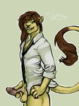  anthro balls bottomless brown_hair clothing erection feline green_eyes hair holding_penis humanoid_penis jora lion looking_at_viewer male mammal masturbation necktie penis plain_background rokemi shirt solo standing 