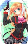  beretta_92 blonde_hair blue_eyes bow finger_on_trigger gun handgun isoko_(isokomattyon) little_busters! long_hair pink_bow school_uniform solo tokido_saya twintails weapon 