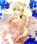  androgynous bad_id bad_pixiv_id blonde_hair brown_eyes couch cravat crossed_legs kuronyan_(haine) looking_at_viewer male_focus open_mouth phone ponytail sitting smile solo umineko_no_naku_koro_ni ushiromiya_lion 