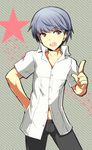  1boy child kamiyoshi male male_focus megami_tensei narukami_yuu navel persona persona_4 shin_megami_tensei simple_background solo standing 