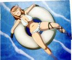  1girl araki_mataemon bikini bra breasts brown_hair eyes_closed highres hyakka_ryouran_samurai_girls large_breasts lying panties screencap short_hair smile solo swimsuit water 