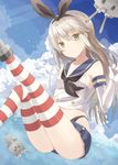  &gt;_&lt; :3 black_panties blonde_hair closed_eyes elbow_gloves gloves green_eyes hairband highres kantai_collection long_hair minasenagi panties rensouhou-chan shimakaze_(kantai_collection) skirt striped striped_legwear thighhighs underwear 