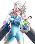  ahoge arm_blade bad_id bad_pixiv_id black_sclera blazblue bodysuit braid breasts covered_navel crotch_plate eyepatch eyepatch_removed headgear heterochromia highres large_breasts long_hair mecha_musume mechanical_wings midi_hazapero mismatched_sclera no_eyepatch nu-13 red_eyes silver_hair single_braid skin_tight veins very_long_hair weapon wings 