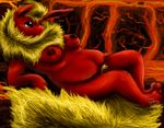 3_toes anthro anthrofied areola black_eyes black_nose blonde_hair breasts canine chest_tuft chubby clitoris eeveelution female flareon fluffy_tail fur hair hindpaw lava long_ears lying mammal mane navel nidopug nintendo nipples nude on_back on_floor paws pinup pok&#233;mon pok&eacute;mon pose pubes pussy red_fur rock solo tuft video_games warm_colors yellow_fur 