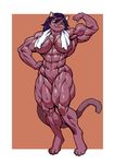 anthro big_breasts black_hair breasts eyewear feline female flexing glasses hair mammal muscles muscular_female nude orange_background plain_background pokkuti red_body solo sweat thick_thighs towel 