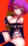  alternate_hairstyle amii bad_id bad_pixiv_id blush breasts brown_hair curvy elbow_gloves eyebrows gloves gradient_hair hand_on_own_chest hijiri_byakuren lace large_breasts lingerie multicolored_hair no_nose purple_hair side_ponytail simple_background skindentation smile solo thick_thighs thighs touhou underwear wide_hips yellow_eyes 