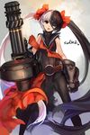  bad_id bad_pixiv_id belt black_eyes blade_&amp;_soul eyepatch gatling_gun gauntlets gun highres leather leather_pants leotard long_hair mitsudomoe_(shape) multicolored_hair open_mouth pants pohwaran ribbon sleeveless solo swd3e2 tomoe_(symbol) twintails two-tone_hair very_long_hair weapon 