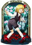  alternate_costume ass blonde_hair bow fangs flower freckles hair_bow looking_back mary_janes necktie ninny-world one_eye_closed one_side_up pinstripe_pattern red_eyes red_footwear red_neckwear rose rumia shoes short_hair shorts socks striped striped_shorts sweater_vest tiptoes tongue touhou vertical-striped_shorts vertical_stripes 
