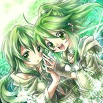  caam_serenity_of_gusto collar duel_monster gloves green_eyes green_hair hair_ornament holding_hands jewelry long_hair looking_at_viewer miesa multiple_girls open_mouth pendant ring smile wind winda_priestess_of_gusto yuu-gi-ou 