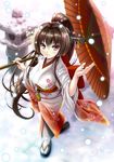  breasts brown_hair flower hair_flower hair_ornament japanese_clothes kantai_collection kimono large_breasts long_hair looking_at_viewer md5_mismatch noritama_(gozen) oriental_umbrella ponytail red_eyes red_umbrella smile snowing solo umbrella yamato_(kantai_collection) 