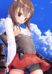  bike_shorts blush brown_eyes brown_hair cloud day flat_chest headband headgear highres kantai_collection kobiyuun looking_at_viewer nipples open_mouth panties pleated_skirt short_hair skirt sky solo taihou_(kantai_collection) thighhighs underwear 