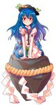  alphes_(style) bad_id bad_pixiv_id blue_hair dairi food fruit hat hinanawi_tenshi long_hair looking_at_viewer parody peach puffy_sleeves red_eyes rope shimenawa shirt short_sleeves sitting_on_rock skirt solo style_parody tears torn_clothes torn_hat torn_shirt torn_skirt touhou transparent_background very_long_hair 