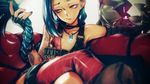  asymmetrical_legwear bare_shoulders blue_hair bored braid bullet crossed_legs fingerless_gloves flat_chest gloves highres iwai_ryou jewelry jinx_(league_of_legends) league_of_legends light_smile long_hair lowered_eyelids nail_polish necklace pink_eyes single_thighhigh sitting solo tattoo thighhighs twin_braids very_long_hair 