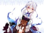  1girl blue_eyes dress echo pandora_hearts solo stuffed_animal stuffed_toy teddy_bear white_hair 