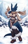  big_breasts boots breasts brown_eyes clothed clothing dragon female fur_trim horn leg_warmer legwear looking_at_viewer mountain mrsk outside scarf snow solo wide_hips 