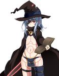  black_panties blue_hair book cape eyepatch hat jewelry loincloth midriff navel open_book original panties pointy_ears red_eyes ring single_thighhigh solo tattoo thigh_strap thighhighs underwear underwear_only witch_hat wk_(low-f) 