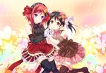  black_hair bow candy_wrapper detached_sleeves gloves hair_bow hair_ornament heart heart_print looking_at_viewer love_live! love_live!_school_idol_project multiple_girls nishikino_maki open_mouth polka_dot_sleeves print_skirt purple_eyes red_eyes red_hair short_hair skirt smile star star_print thighhighs twintails uehara_yukihiko white_gloves yazawa_nico 