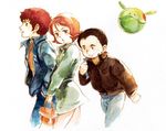  1girl 2boys amuro_ray casual frau_bow gundam haro hayato_kobayashi mobile_suit_gundam multiple_boys tab 