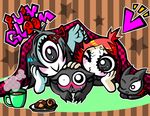  40_percent_vol bat cat cookie copyright_name cyclops doom_kitty food freckles hair_ornament hair_ribbon iris_(ruby_gloom) monster_girl multiple_girls one-eyed red_hair ribbon ruby_gloom ruby_gloom_(character) scaredy_bat sweatdrop 