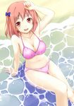  beach bikini breasts cleavage collarbone hataraku_maou-sama! highres medium_breasts navel ocean open_mouth oruna outdoors pink_bikini pink_hair red_eyes revision sasaki_chiho short_hair short_twintails smile solo stomach swimsuit twintails water 