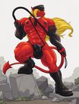 abs absurd_res anthro biceps big_muscles black_nipples blonde_hair boots bulge claws demon dragon drakians ear_piercing hair hat hi_res long_hair male muscles necktie nipples outside pecs piercing red_skin rock rubber shoes solo spade_tail standing thong topless wfa whip 