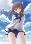  brown_eyes brown_hair cloud cosplay creator_connection day hyuuga_azuri jpeg_artifacts kantai_collection miyafuji_yoshika miyafuji_yoshika_(cosplay) parted_lips school_swimsuit school_uniform serafuku short_hair sky solo strike_witches swimsuit swimsuit_under_clothes taihou_(kantai_collection) wind world_witches_series 