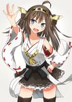  :d ahoge armpits blue_eyes boots brown_hair detached_sleeves frilled_skirt frills hairband highres japanese_clothes kantai_collection kongou_(kantai_collection) long_hair nontraditional_miko open_mouth ribbon-trimmed_sleeves ribbon_trim skirt smile solo sune_(mugendai) thigh_boots thighhighs wide_sleeves 