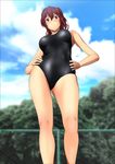  1girl absurdres bare_shoulders blush breasts character_request cloud clouds free! from_below hands_on_hips highres hips large_breasts legs looking_down matsuoka_gou red_eyes red_hair short_hair sky solo source_request standing sweat swimsuit thighs tree trees yadokari_genpachirou 