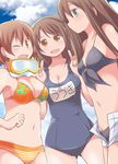  bad_id bad_pixiv_id bikini braid breasts brown_eyes brown_hair celebi_ryousangata cleavage diving_mask double_v green_eyes honda_mio idolmaster idolmaster_cinderella_girls long_hair medium_breasts multiple_girls name_tag new_generations one-piece_swimsuit one_eye_closed school_swimsuit shibuya_rin shimamura_uzuki short_hair shorts swimsuit twin_braids v 