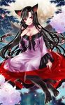  :q animal_ears black_hair breasts brooch cleavage dress fingernails flower full_moon highres imaizumi_kagerou jewelry large_breasts long_hair moon neme red_eyes smile solo tongue tongue_out touhou werewolf wide_sleeves wolf_ears 