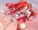  armor armored_dress armpits belt feathers fire_emblem fire_emblem:_kakusei garter_straps gauntlets gloves hair_between_eyes hanzoumon_(purinn1014) long_hair looking_at_viewer parted_lips polearm red_eyes red_hair red_legwear revision skirt skirt_set smile solo spear thighhighs tiamo very_long_hair weapon wind 
