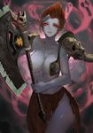  axe citemer commentary_request genderswap genderswap_(mtf) highres league_of_legends red_eyes red_hair sion skull spirit topless weapon zombie 