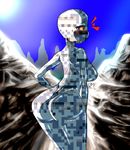  anthrofied blush breasts butt eyebrows eyelashes female gblastman half-closed_eyes looking_at_viewer looking_back male missingno. mountain nintendo nude open_mouth outside pok&#233;mon pok&eacute;mon purple_eyes single_eye sky solo standing straight sun surprise video_games 