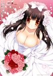  animal_ears black_hair blush bouquet bow breasts bridal_veil bride brown_eyes cat_ears cleavage collarbone dated dress flower hair_bow hair_flower hair_ornament jewelry konbu_(nyatto!) large_breasts long_hair looking_at_viewer necklace nyatto!_(manga) original petals revision shigunyan smile solo veil wedding_dress 