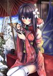  black_hair blue_eyes eating flag flower food hair_flower hair_ornament hat japanese_clothes kimono mini_hat mini_top_hat monikano scarf snowdrop_(flower) snowman solo straw_hat top_hat umbrella 