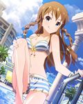  :q aqua_eyes artist_request bikini bracelet braid brown_hair cloud day idolmaster idolmaster_million_live! jewelry kousaka_umi licking_lips long_hair navel official_art pool sky smile solo swimsuit tongue tongue_out twin_braids two_side_up water 