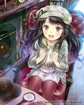  :d armchair black_eyes black_hair cabbie_hat chair clenched_hands fireplace hanekoto hat legwear_under_shorts long_hair magnifying_glass museum open_mouth original pantyhose scarf shorts sitting smile solo wavy_hair 