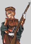  belt blue_eyes bolt_action breasts brown_hair epaulettes garrison_cap gloves gun hat jacket looking_to_the_side medium_breasts military military_uniform mosin-nagant off_shoulder original red_star rifle scope shiny short_hair side_slit simple_background solo soviet thighhighs uniform weapon world_war_ii xiaobaolnl 