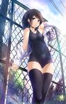  black_hair black_legwear blue_eyes blush building bush chain-link_fence cloud day fence highres long_hair looking_at_viewer one-piece_swimsuit open_clothes open_mouth open_shirt original pole power_lines revision school_swimsuit shirt sky solo swimsuit thighhighs tree wingheart 