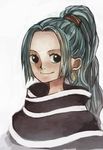  1girl alabasta blue_hair bust cloak earrings female jewelry looking_at_viewer nefertari_vivi one_piece ponytail princess smile solo upper_body 